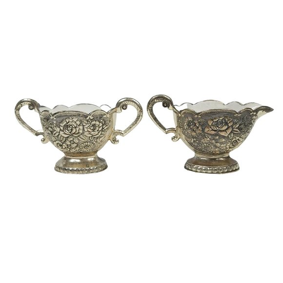 Vintage Cream Sugar Set Roses Floral Scalloped Edges Tray Enamel Interior Japan - Picture 4 of 11